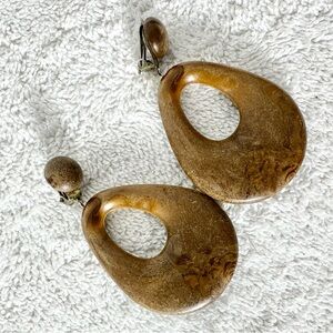 Vintage Brown Wooden Clip On Teardrop Earrings